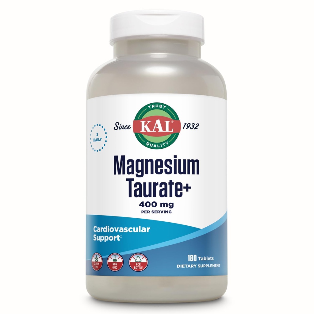 KAL Magnesium Taurate 400mg Plus Econzyme Vitamin B6, Chelated Magnesium 补充, 肌肉功能, Gluten Free, Vegan, 90 Serv, 180 片