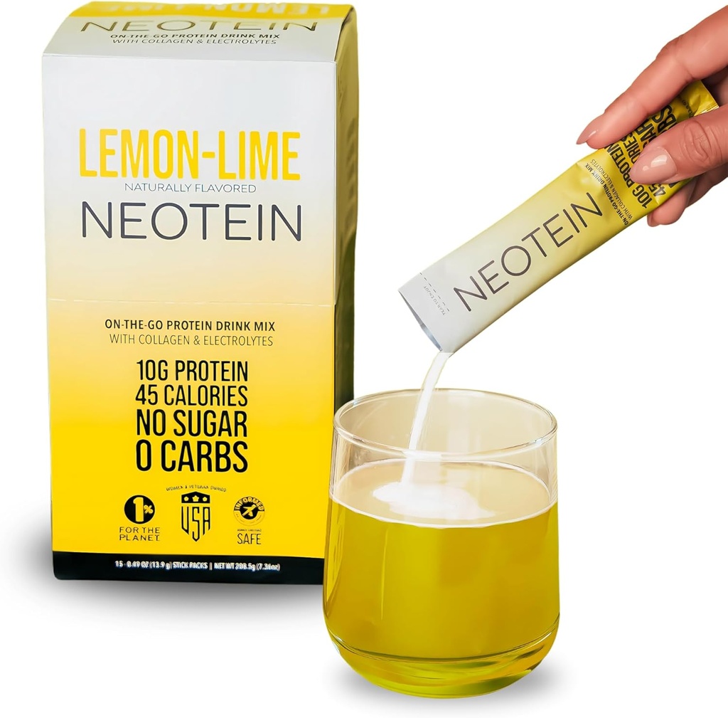 NEOTEIN:电解质粉包,蛋白质粉包,含10g蛋白质 & Collagen → 水分包 - 零糖,无填料,无碳化物 → 柠檬 → → 45卡罗里 → Keto & Paleo → 15包