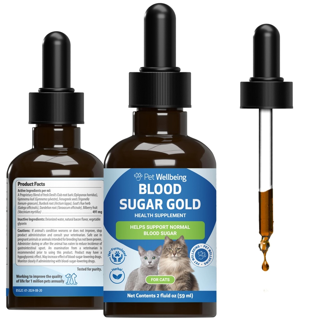 Pet Wellbeing Blood Sugar Gold for Cats - Holistic Support for Healthy Blood Sugar Levels, Insulin Stabilization & Normal Pancreatic Function - NASC Certified & Vet-Formulated - 2 oz Liquid