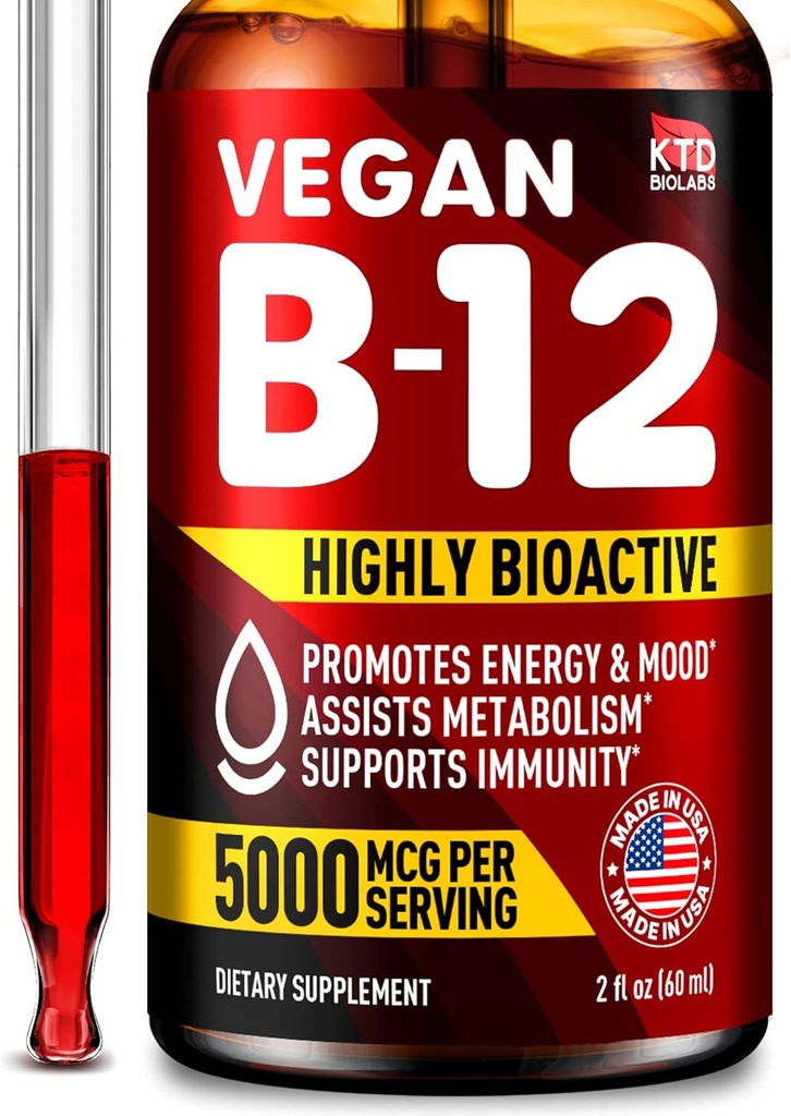B12 亚语言 5000 mcg 滴水 - 在美国制造 - Vegan B12 维生素 用于能源,Mood & Memory - 高度生物可用 亚语言滴水 - Methiccobalamin for Methology and Men - 2 f. oz.