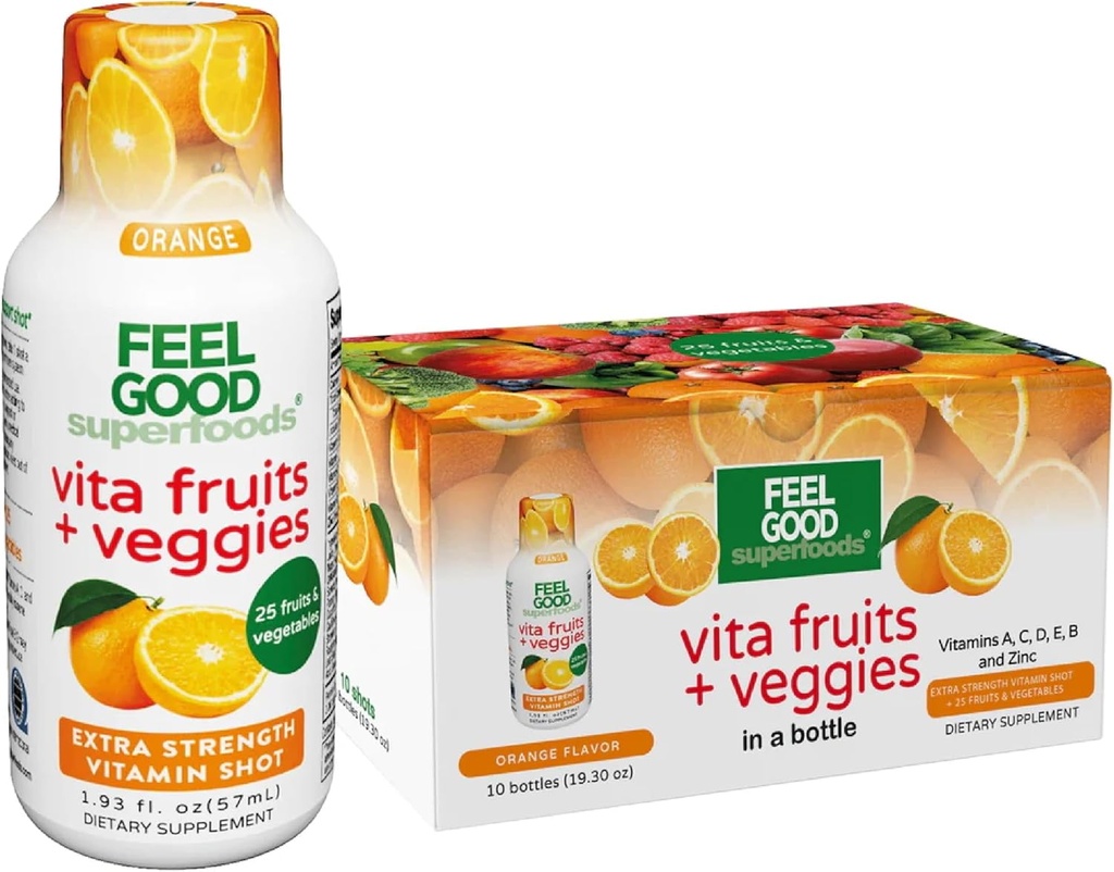 Feel Good Superfoods Vita水果和Veggies Immune 支持射击补充品,橙色火焰,10个豁免射击包,Immune系统助推饮料用25个有机水果和蔬菜制作