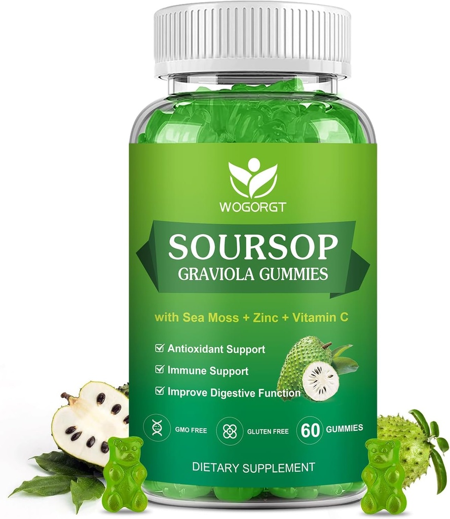 WOGORGT Soursop Graviola Gummys - Soursop Multivitamin Gummys 配有200mg Sea Mos提取的抗氧化剂,细胞支持和再生,Imune支持,Vegan,Apple Flavor - 60 Gummys