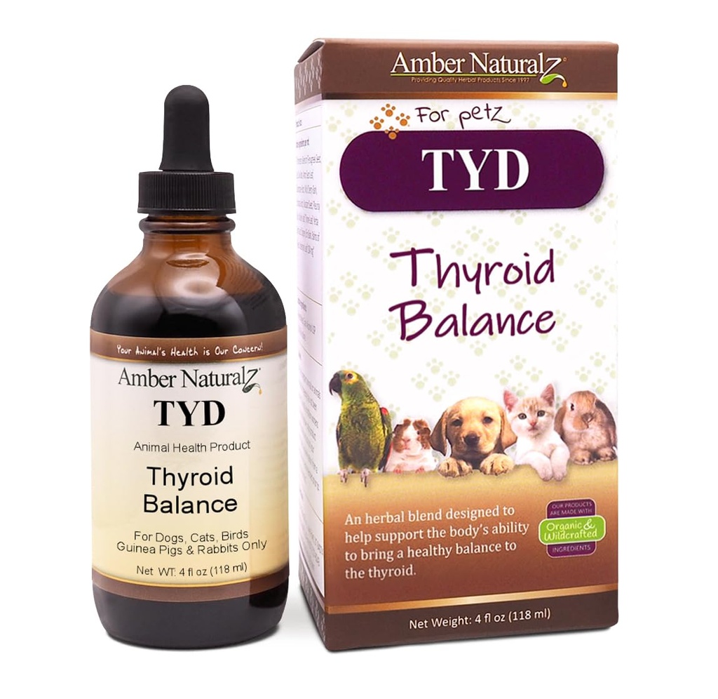 Amber NaturalZ TYD 甲状腺素平衡草药补充剂 狗,猫,鸟,几内亚猪,和兔子 → 草药补充剂 → 4 Fluid Ounce Glass Bottle 美国制造