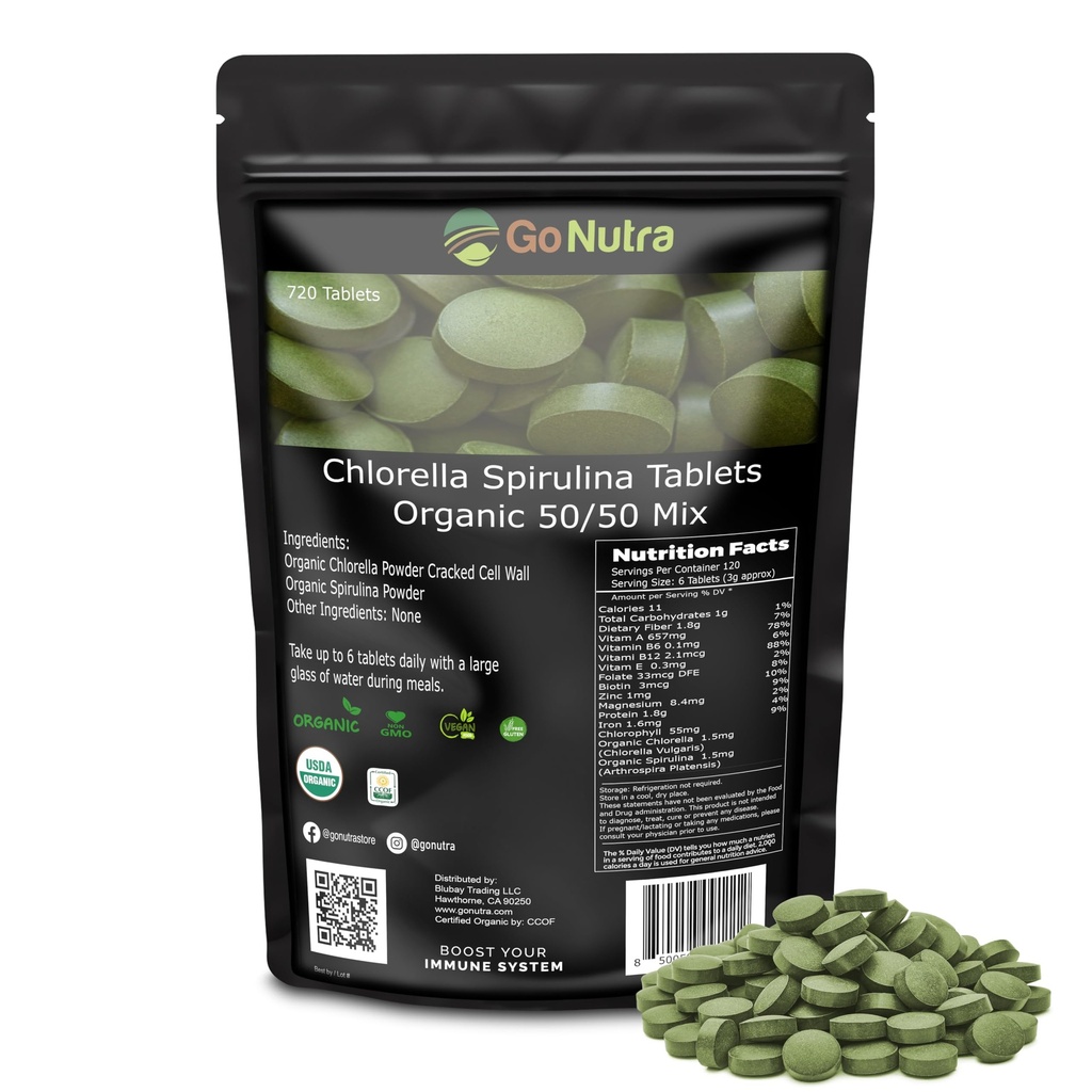Go Nutra Organical Spiruina Chlorulina 板块 50/50 Blend | Nutrient Dense Superfood - Vegan 蛋白质,氯酚,酶 | 500 mg 每块氯菌 Spiruina 板块,720 计数,4个月供应量