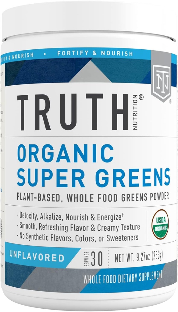 Truth Nutrition Super Greens Powder - Organic Green Superfood Powder to Boost Energy & Immunity, Healthy Digestion for Men & Women, Green Supplement Smoothie Powder Mix (Unflavored)