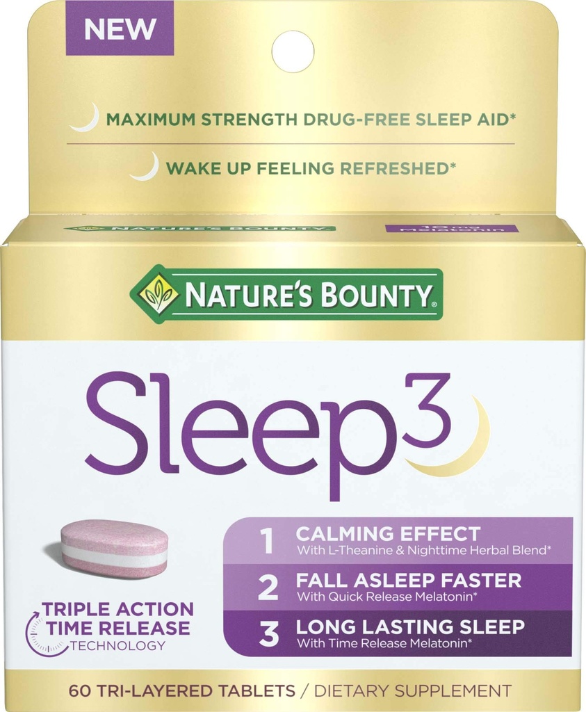 自然的丰盛睡眠3 Melatonin 10mg,最大强度100%无药睡眠援助,饮食补充,L-Theanine & Nighttime Herbal Blend 时间释放技术,60 三叶片