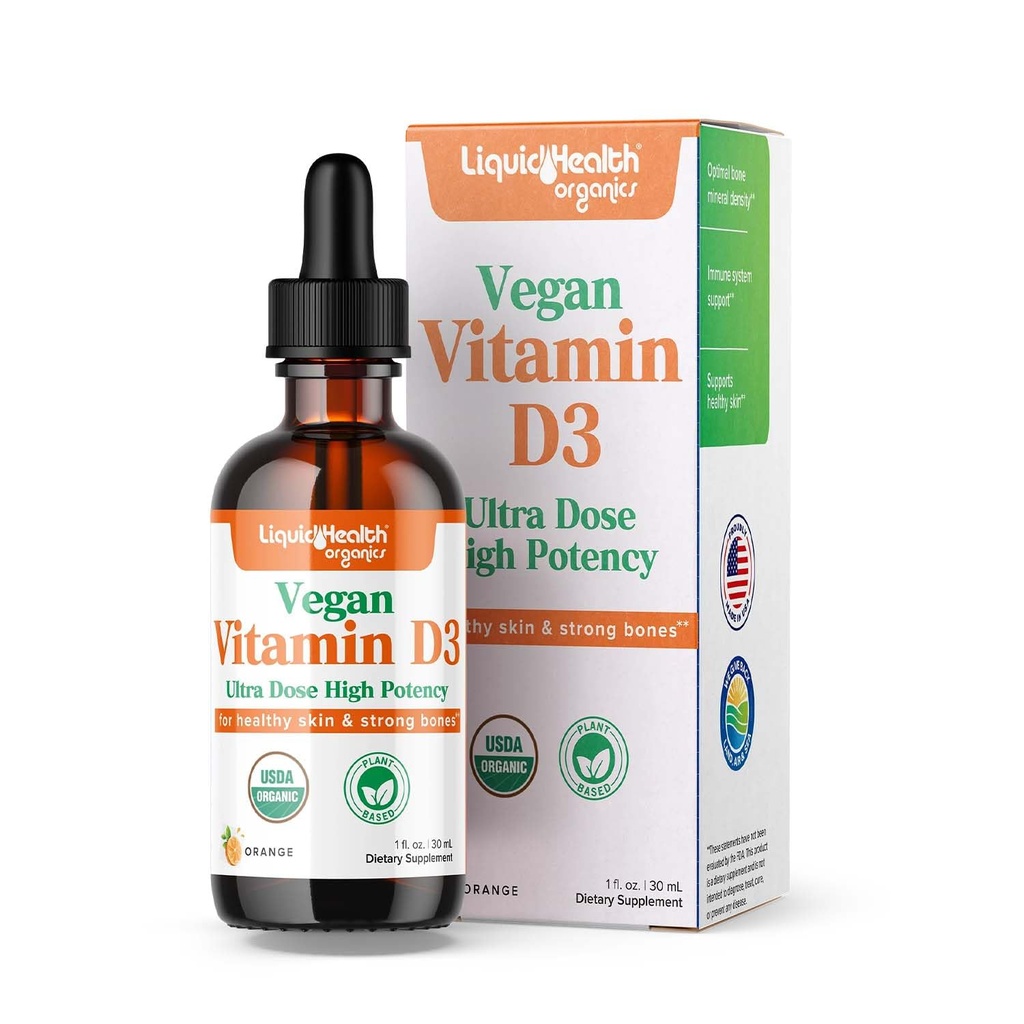 LIQUIDHEALTH 维生素 D3 4000 IU, USDA 成人和儿童有机维生素D液滴,维根维生素D 免疫系统支持,骨质健康,木质支持,健康皮肤 - 美国制造(2 oz)