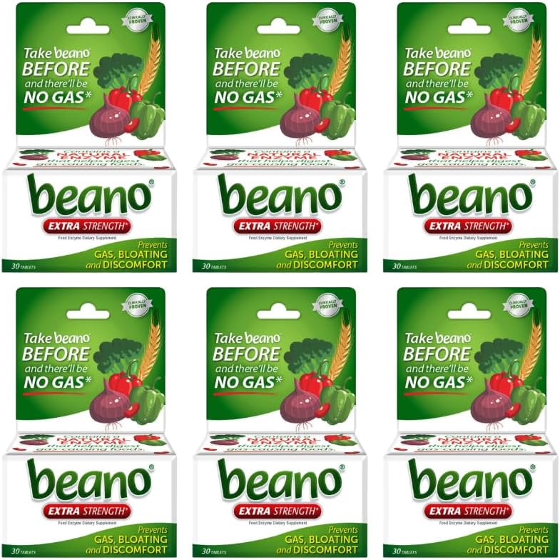 Beano Extra 力量,消化酶补充,预防气体,布洛丁和不适(Package May Vary) 30 Counts Every (Pack of 6)
