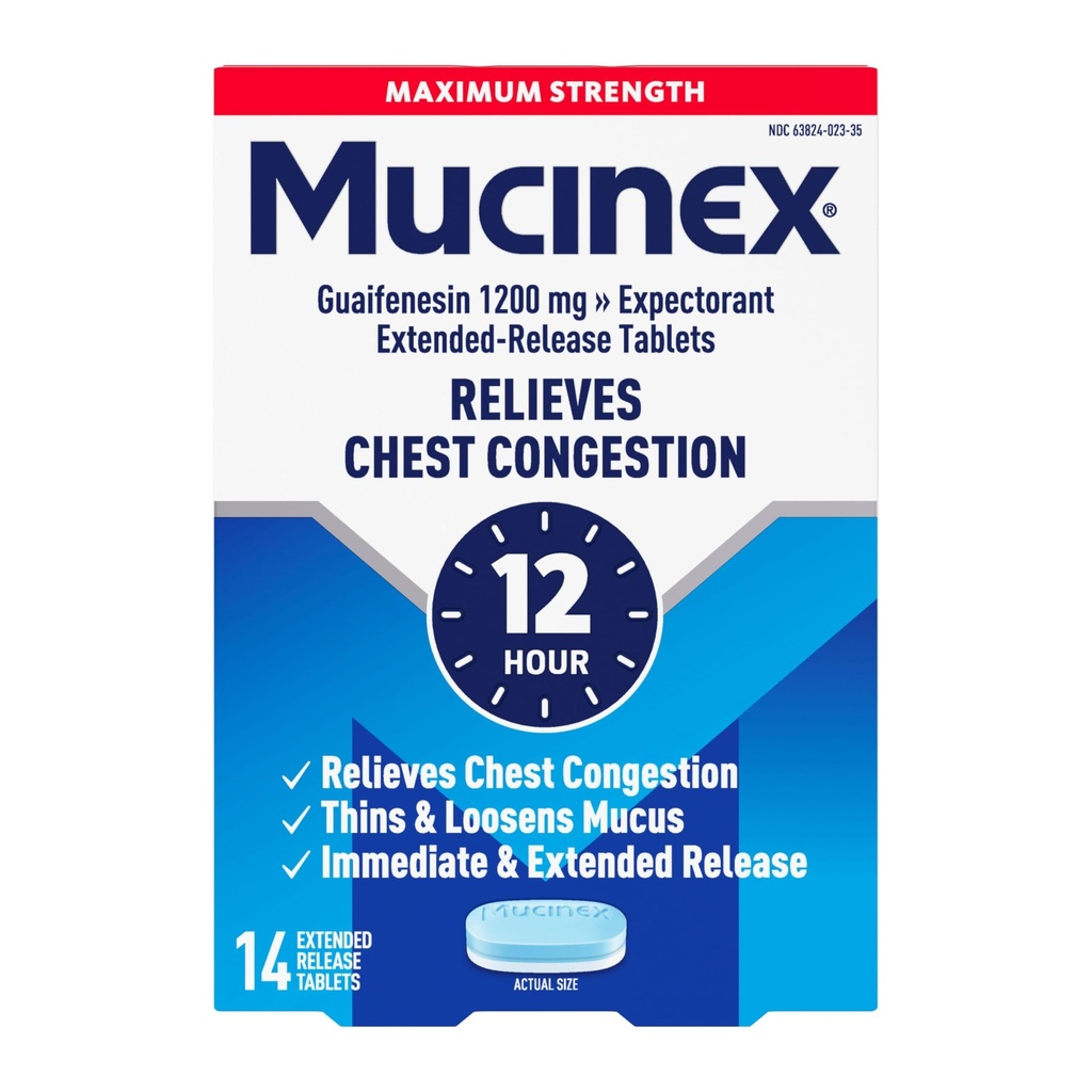 Mucinex胸腔摄入,最大强度 12小时扩展释放片,14厘米,1200毫克 Guaifenesin, 由过量的穆克斯, 细丝和松动穆克斯引起的胸腔摄入扩大缓解