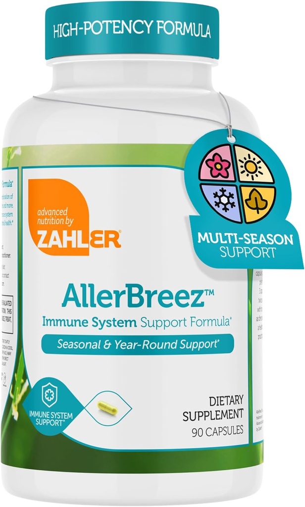 Zahler AllerBreez Immune系统支持公式,配有维生素C,Quercetin,维生素B5,MSM & Stinging Nettle - 季节性和年久性免疫支持补编,Dhist过敏补充(180 Capsules)
