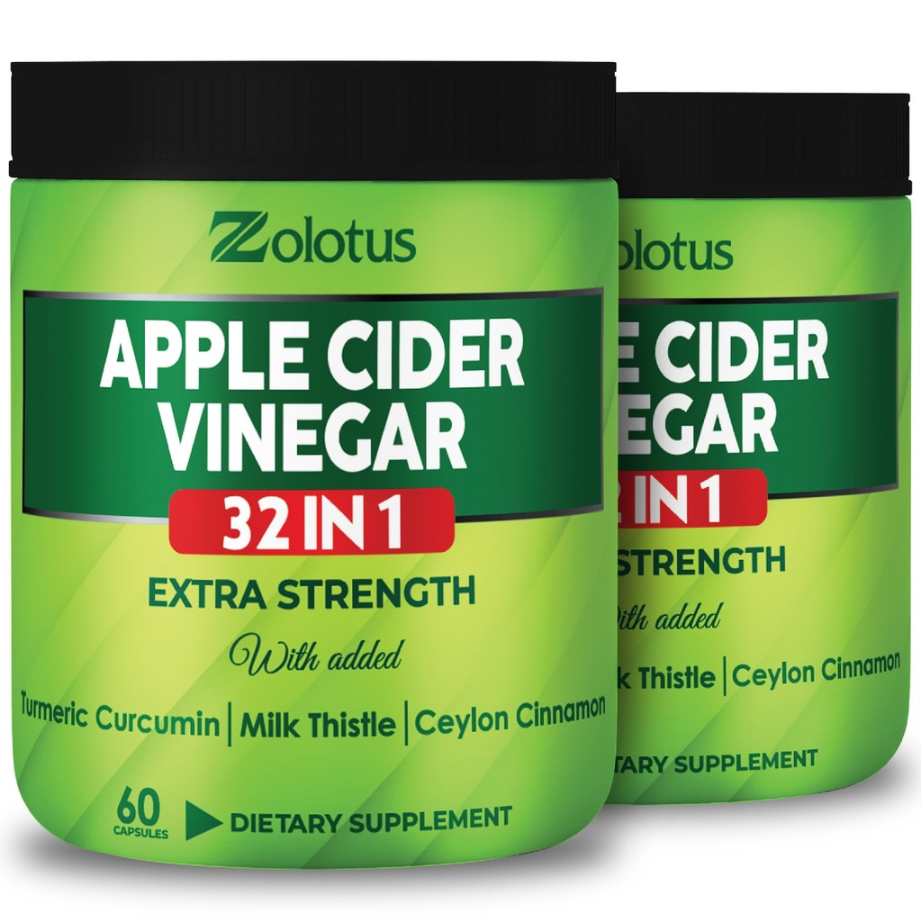 Zolotus Apple Cider Vinegar Capsules 32in1, 配有图尔美, 肉桂, 牛奶甲壳, 柏百林, 长老莓, 奎西丁 - (2包) 60 Capsules