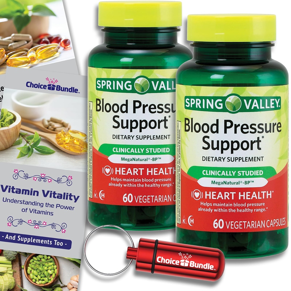 Choice Bundle Spring Valley 血压支持蔬菜 Capsules 60 Ct 2 pk(共计120) + 维生素指南和药剂容器(4项)!