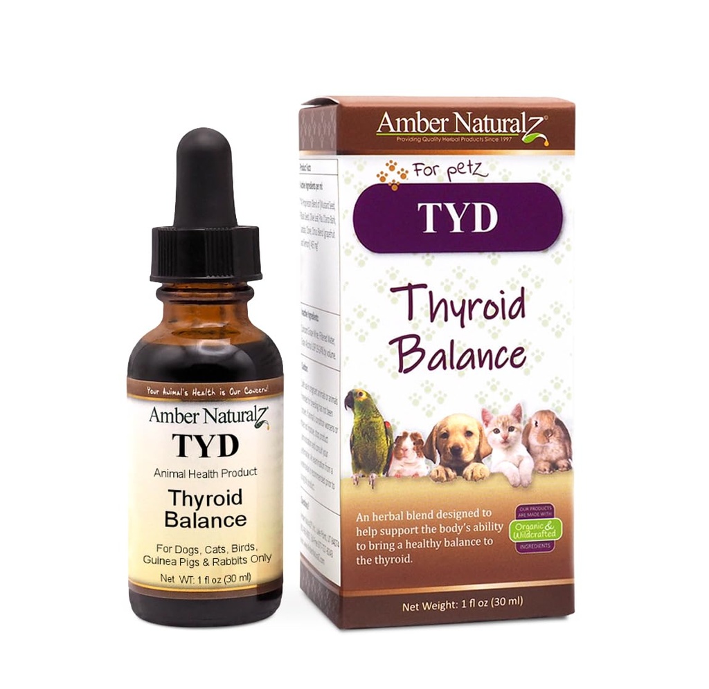 Amber NaturalZ TYD 甲状腺素平衡草药补充剂 狗、猫、鸟、几内亚猪和兔子 |草药补充剂 |草药补充剂 |草药 |草药 |草药补充剂 1 Fluid Ounce Glass Bottle |在美国制造