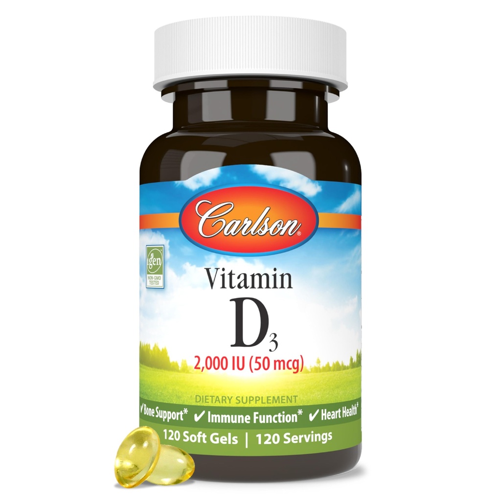 Carlson - 维生素D3, 2000 IU(50 mcg), 免疫支持,骨质健康,肌肉健康,胆固醇,维生素D补充剂,维生素D3软宝石,120软胶