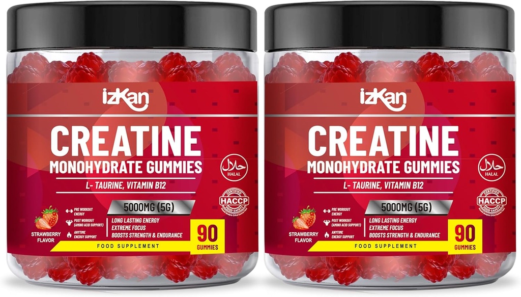 男子和女子胆汁单水合物Gummy 5000mg - 180 Chewable Creatine ADVANCE COMPLEX Taurine & B12 Gummys Srawberry Flavoured 工作前健身补充 Halal | Vegan →(2个月供应)