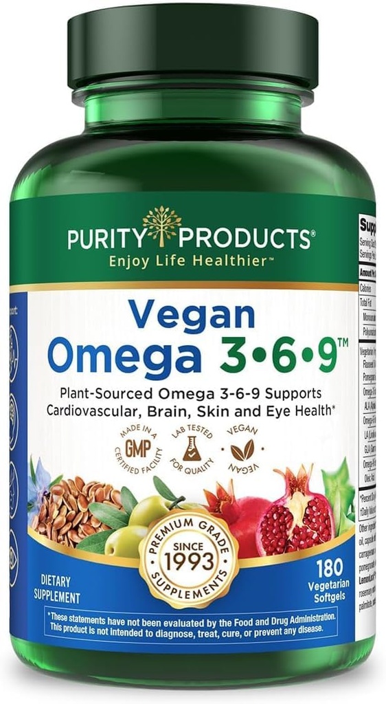 纯净产品 Vegan Omega 3-6-9 公式 - “5 in 1” 基本脂肪酸复合物 - 科学地制定基于植物的 Omega 3 6 9 基本脂肪酸(EFA) - 3个月供应 - 180 软胶