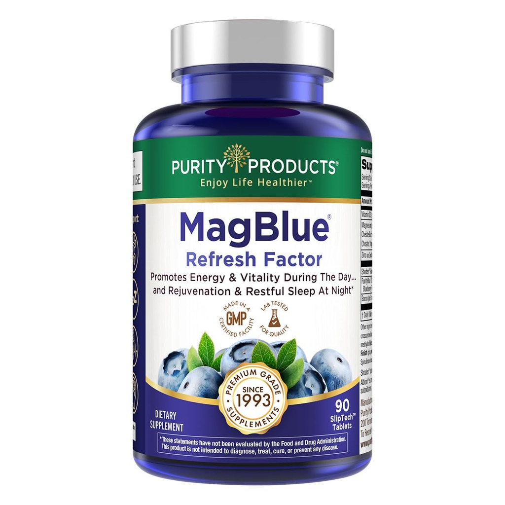 纯度产品 Mag Blue 刷新因子 超级助推 - 镁 Bisglycnation, Shoden Ashwagandha, 维生素D3, 锌和硼 - 90片