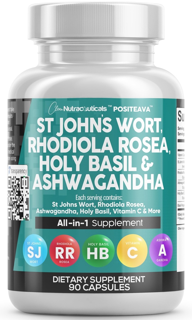 清洁的营养品 圣约翰 Wort Rhodiola Rosea Holy Basil Ashwagandha - Mood 支持有维生素C和黑辣椒的男女 提取 - 90 Caps
