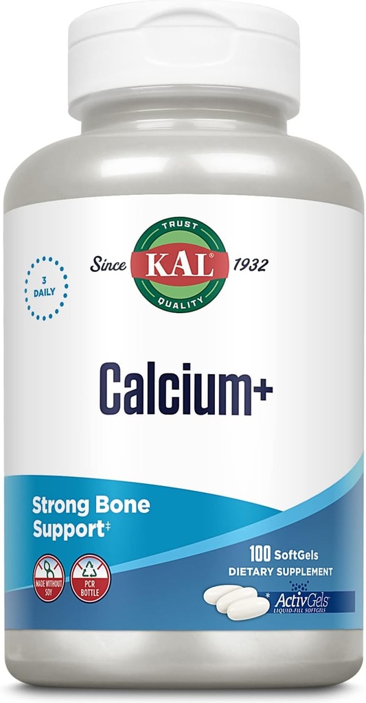KAL 钙+ ActivGels 1000mg → 钙、镁、锌和维生素D-3 → 帮助支持健康的牙齿和骨头 → 豆类自由 → 100软胶