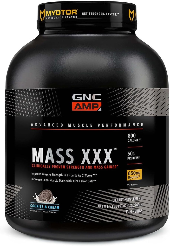 GNC AMP Mass XXX,临床证明体重增益蛋白粉,提高强度,体积,780卡路里,50g蛋白,微量化氨基酸,Creatine, Betaine, Cookies & Cream, 13 services, 6 SVG