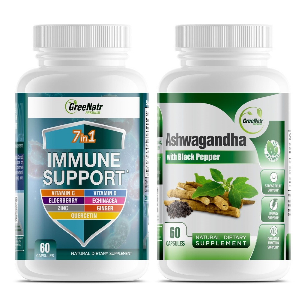 GreeNatr 7-in-1 免疫支持补充剂,配有维生素C,维生素D3,锌50mg,Quercetin,与有机Ashwagandha Capsules Feating Black Pepper用于强化吸收