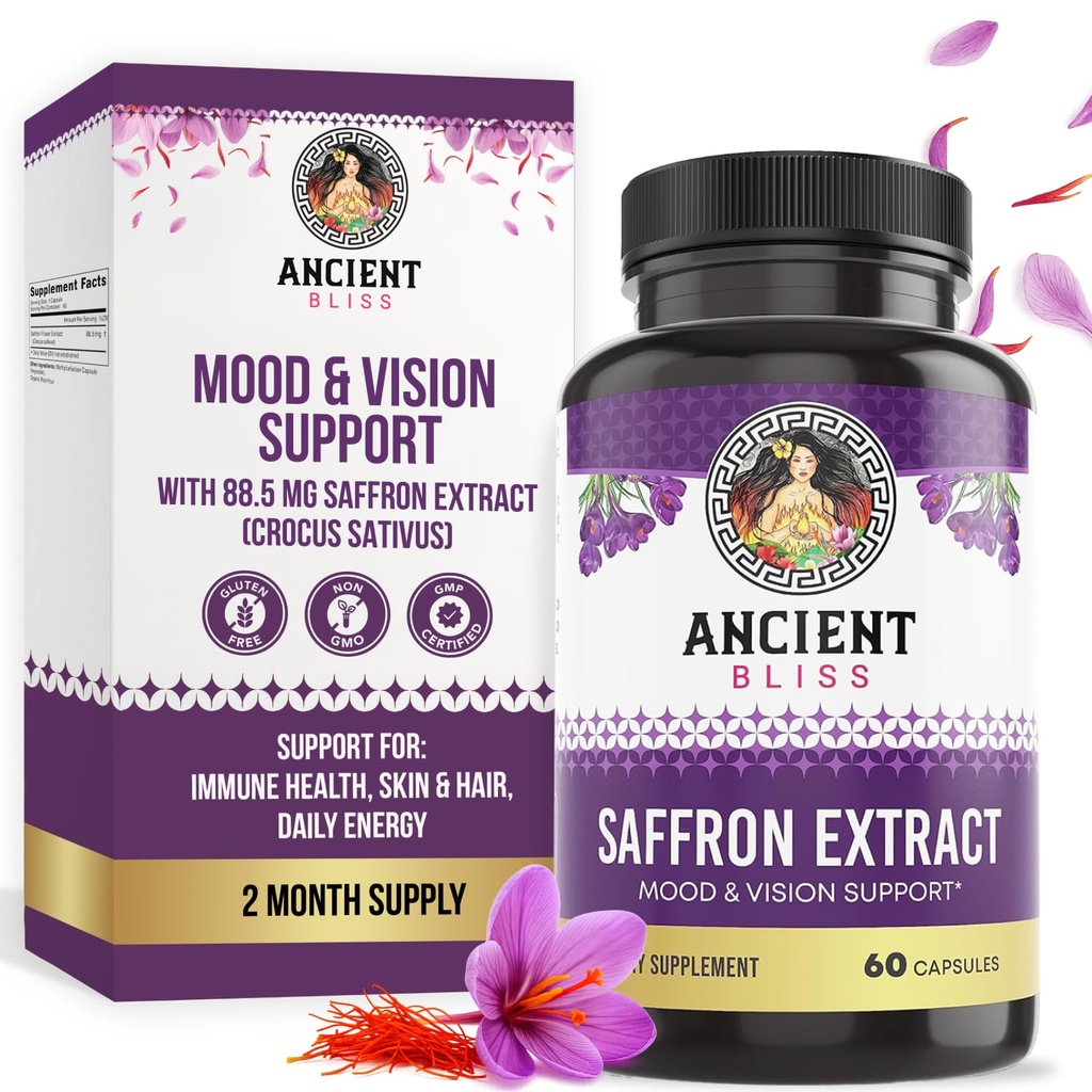 Ancient Bliss Saffron 提取 Capsules Mood & Eye 支持补编, Saffron 提取 Appetite 抑制女性和男性体重管理(60 Capsules)