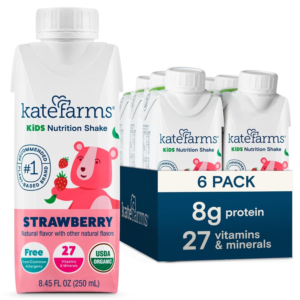KATE FARMS 有机儿童营养摇晃、草莓、8g蛋白、27种维生素和矿物、替代食品、蛋白质摇晃、非GMO、8.45 oz(6包)