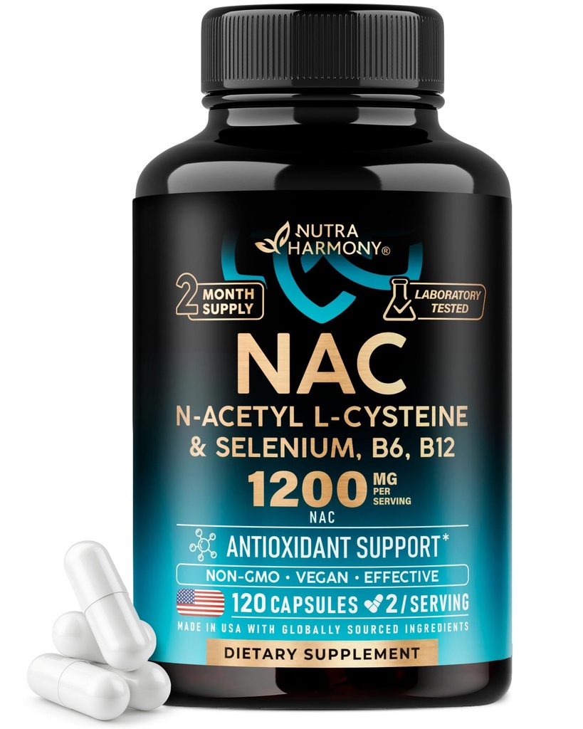 NAC 补充 → 硒 → B6 → B12 – 抗氧化剂,免疫支持 – N 乙酰Cysteine 600 mg / Capsule, 1200 mg / service - 在美国制造 - 非GMO, Gluten-free, Vegan - 120 帽,2个月供应量