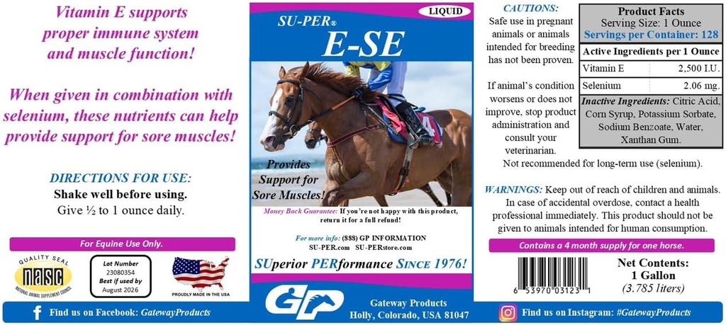 SU-PER E-Se马 抗氧化剂补充剂 - 维生素 E & Selenium for Sore Muscles Support - 1 加仑,4个月供应量(120天)