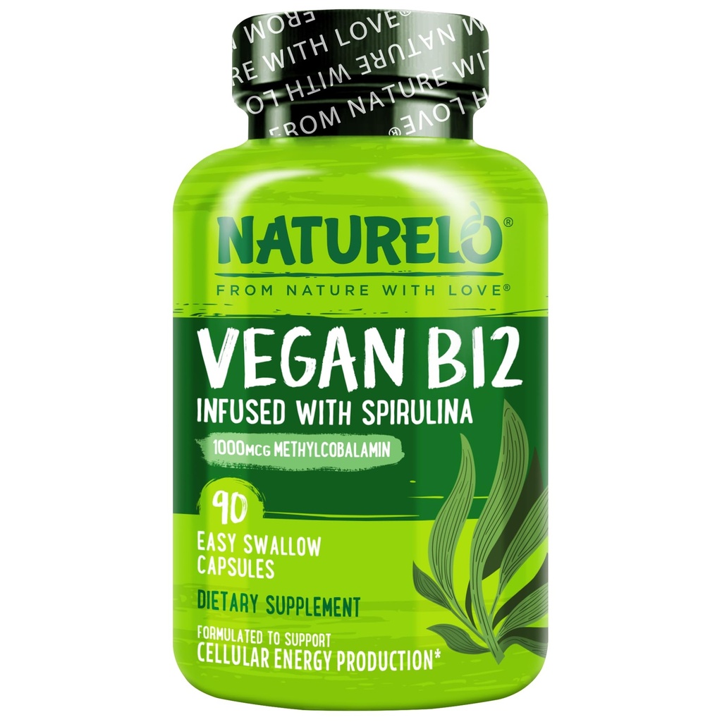 NATURELO Vegan B12 - 含有有机螺旋藻的甲基B12 - 高钾维生素B12 1000 mcg 甲基Cobalamin - 支持健康膜,能源,心脏和眼部健康 - 90 Capsules