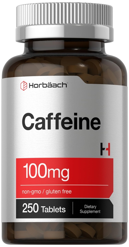 Horbäach Cafeine Pills 100mg 250平方块 蔬菜配方 Non-GMO, Gluten 免费补充