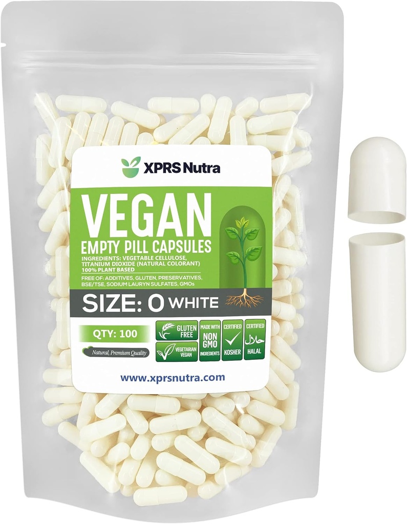 XPRS Nutra 大小 0 空卡普勒斯 - 100 空卡普勒斯伯爵 Vegan Capsules - 蔬菜药丸 - DIY 蔬菜药丸填充 - Do-It - Yourself 补充品的 Veggie Pills (白色)