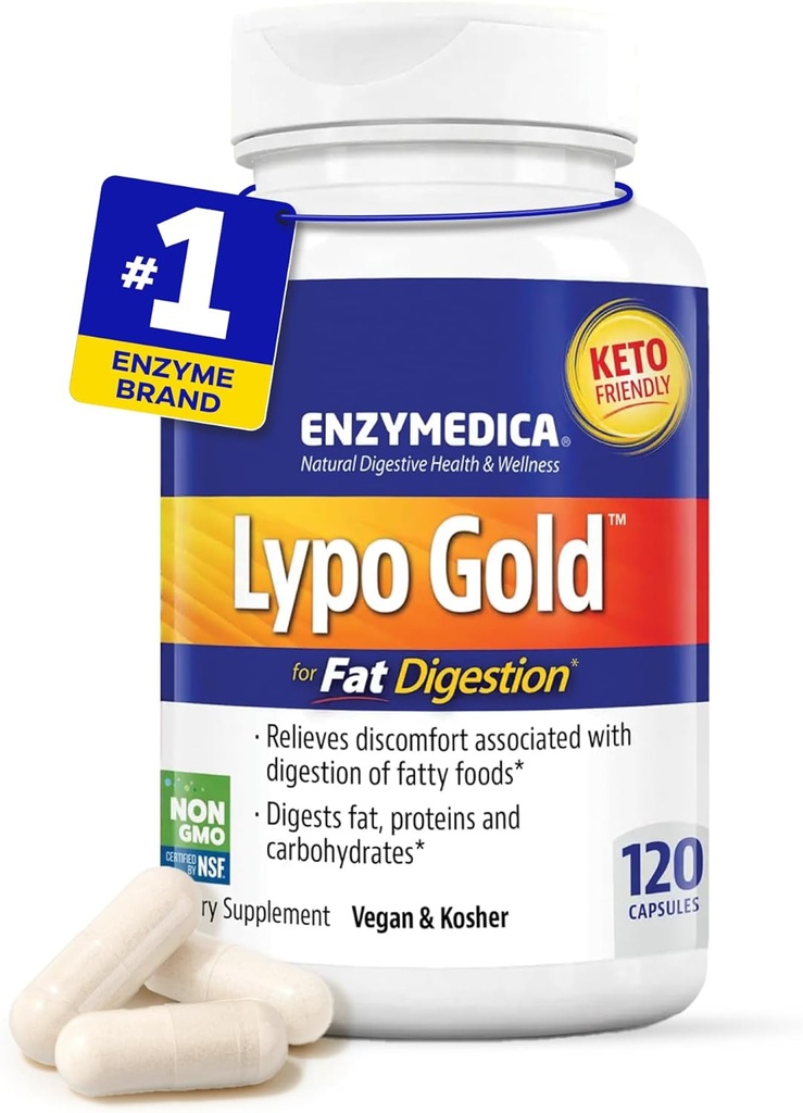 Enzymedica Lypo Gold, 肥胖文摘的高潜力Lipase 消化酶, 支持不定期的Bloating 救济和消化酶健康, Keto-Friendly, Vegan, 120 Capsules FFP