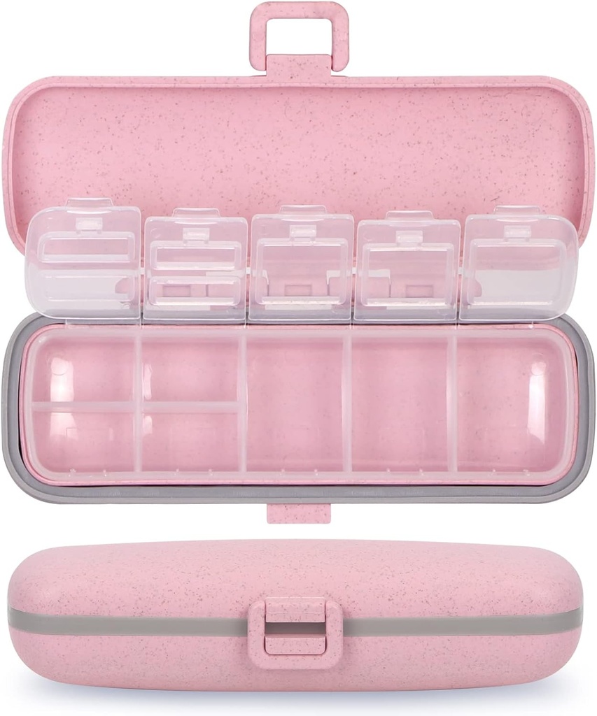 Natutouch Pill 组织者, 7 比较药盒 便携式旅行药品组织者 Purse 或 Pocket 7 Day Pill Dispenser 存储案例 锁定维生素药用鱼油补充品 Pink