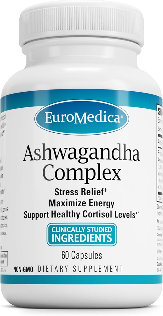 EuroMedica Ashwagandha Complex - 支持肾上腺体健康的补充 - Ashwagandha 补充 Rhodiola Rosea 提取 - 支持能量和浓度的草药补充 - 60 Capsules