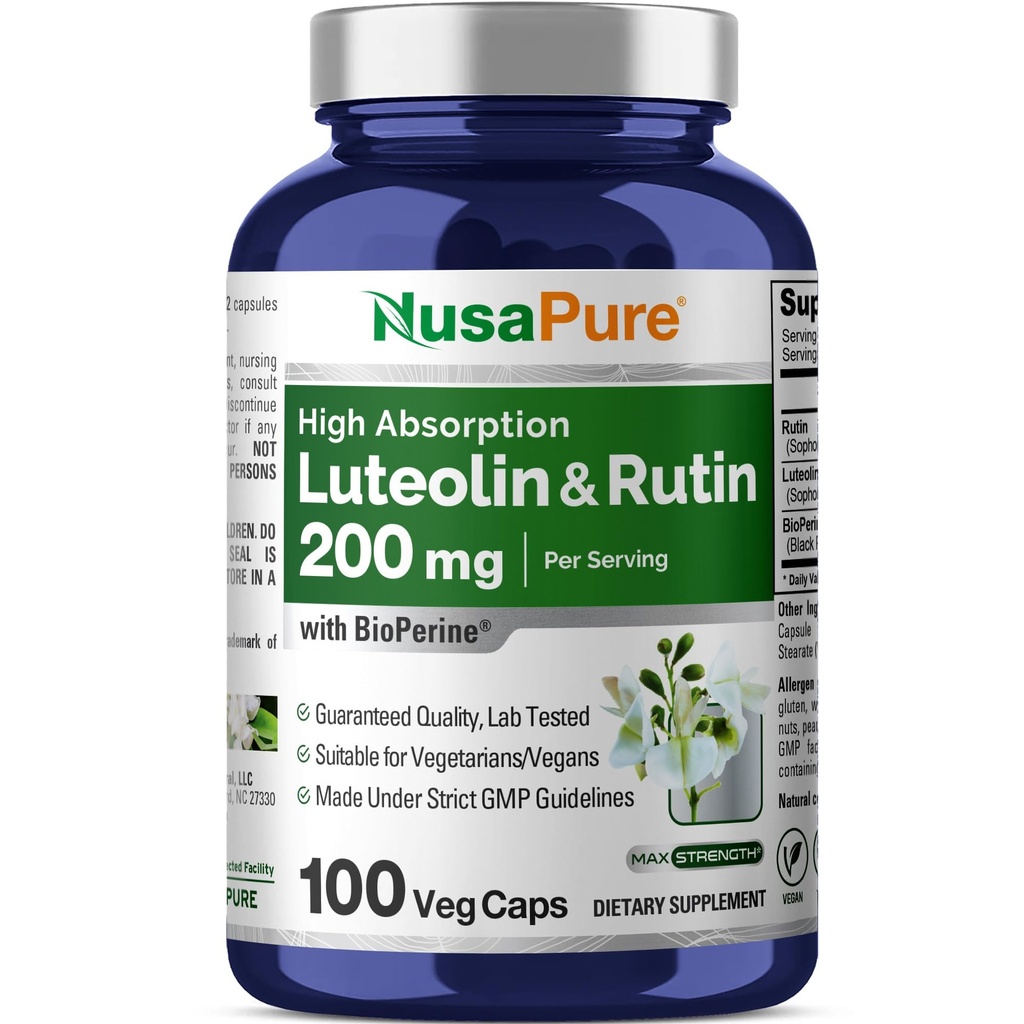 NusaPure Luteolin 复合物,配有 Rutin 200 mg → 100 Capsules → 蔬菜、非GMO 和 Vegan Flavoid 公式