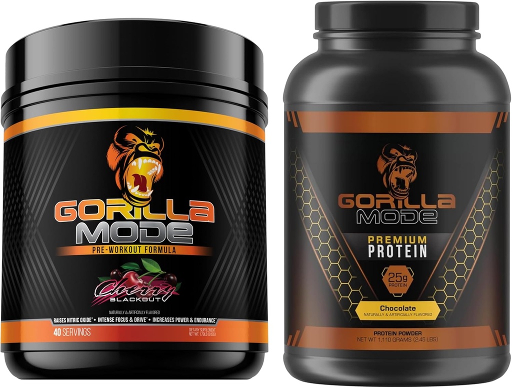 Gorilla Mind Pre Workout (Chery) + Premium Whey蛋白(焦油) - 燃料化最大工作结果综合堆栈