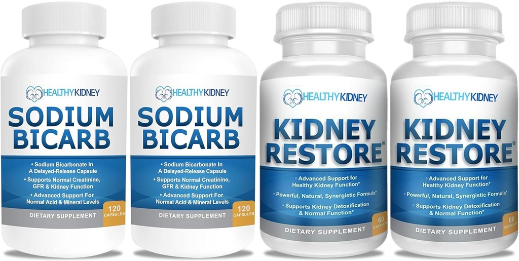 Bicarpate钠 650mg Capsules for Acid Relief, Alkalinity 120 Pills 2-Pack + 肾脏还原肾脏清洁剂和肾脏健康补充剂,60盖-2包