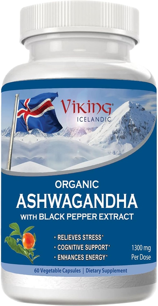 Viking Organical Ashwagandha with Black Pepper 提取冰岛语。 60 Vegan Capsules - 压力最大吸收、Mood & Energy支持