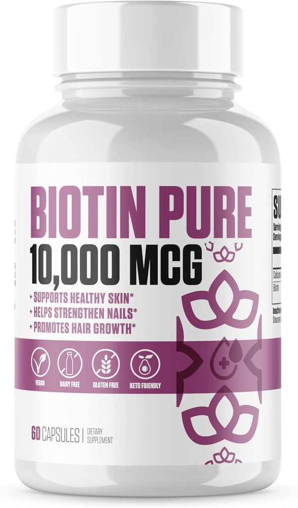 Biotin Pure 10,000 MCG + Calcium ##1 新马克斯剂量 Biotin B7 补充药剂用于健康与长发,皮肤与钉子 + Vegan Capsules 用于男性与女性 - 60名服务者