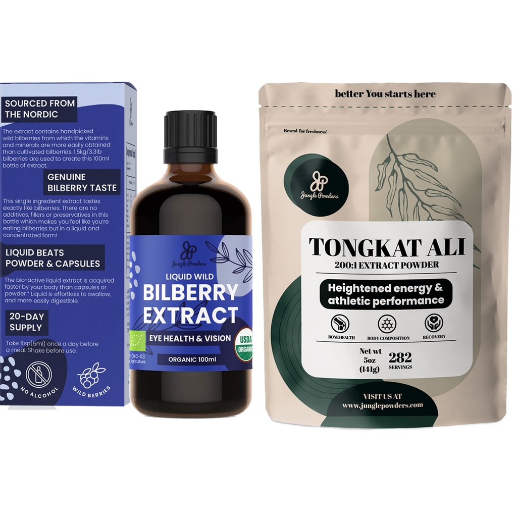 丛林粉末 Tongkat Ali 男子粉末 200:1 摘录 5 Ounce Bag, Wild Bilberry 提取 眼睛有机3.4oz Bottle Bilberry 眼睛补充剂