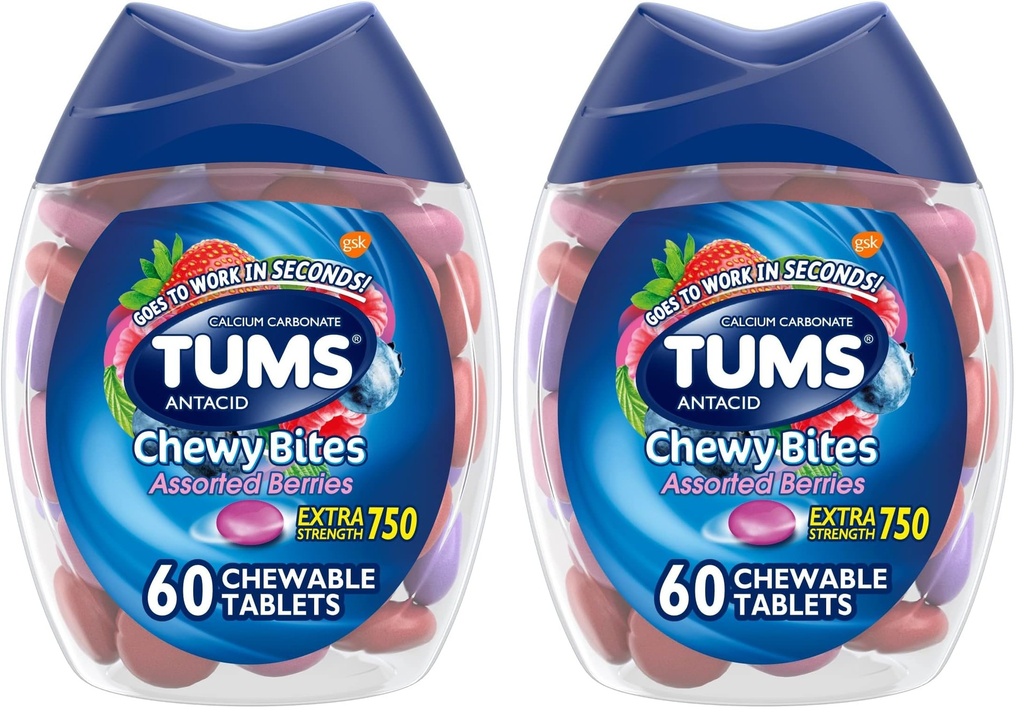 TUMS Chewy Bites Antacid 药片,用于Chewable Heartburn救济和酸性消化不良救济,各种贝里-60 Counters (Pack of 2)