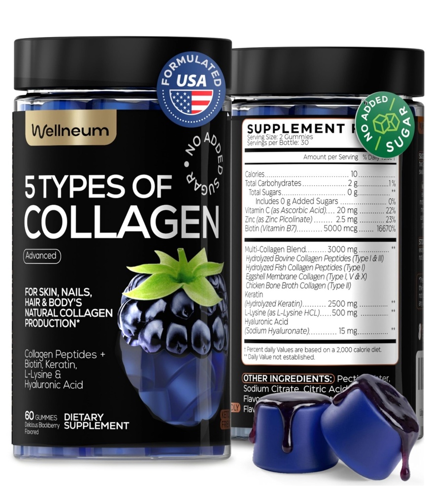 Collagen Peptide Gummys for Men and Men - Collagen Gummys 健康头发、皮肤、钉子和骨头的Collagen Gummy 补充物 - Hyaluronic Acid, Biotin, Keratin, Saw Palmetto - 无糖,无转基因生物和Gluten, 60 Pcs