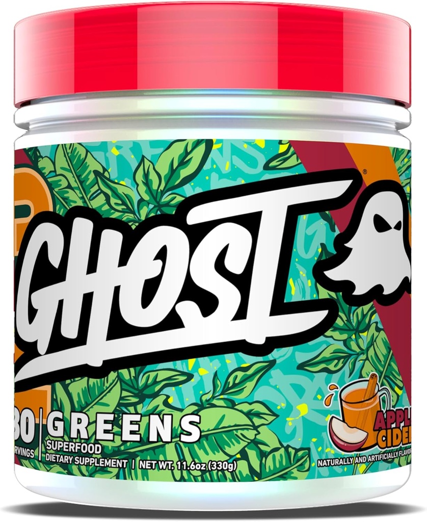 GHOST 绿皮粉 苹果苹果苹果 - 30 services - 19 超级食品 绿皮粉 水果 蔬菜 螺旋藻 氯麻黄(Chlorella) Prebiotics, 100亿 CFU Probiotic & Digestive Enzymes - Gluten-Free