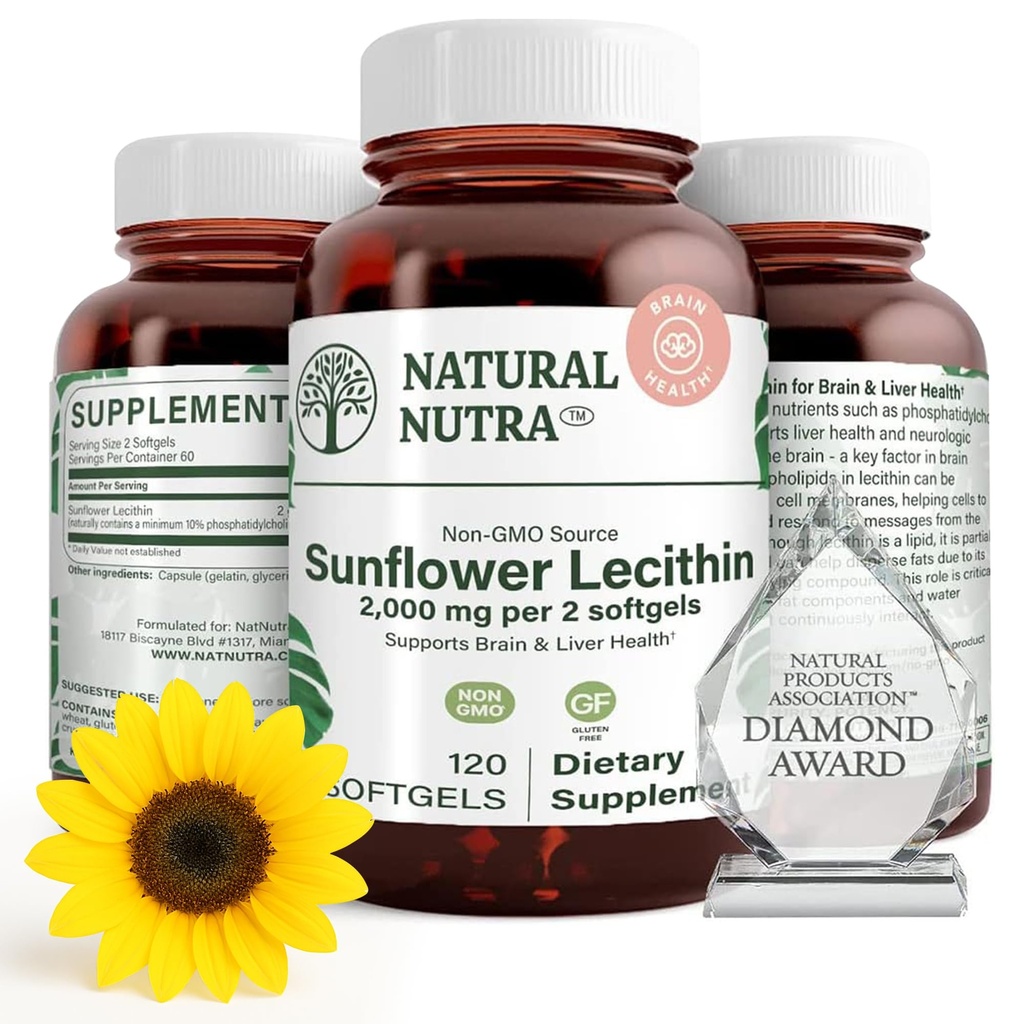 Natural Nutra Sunflower Lecithin 2000 mg 补充剂,支持母乳喂养的妈妈,配有Plugged Milk Duct Relief, Liver & Brain Health Booster, Soy Free, Non-GMO, Gluten Free, 120 Softgels (2 Pack)