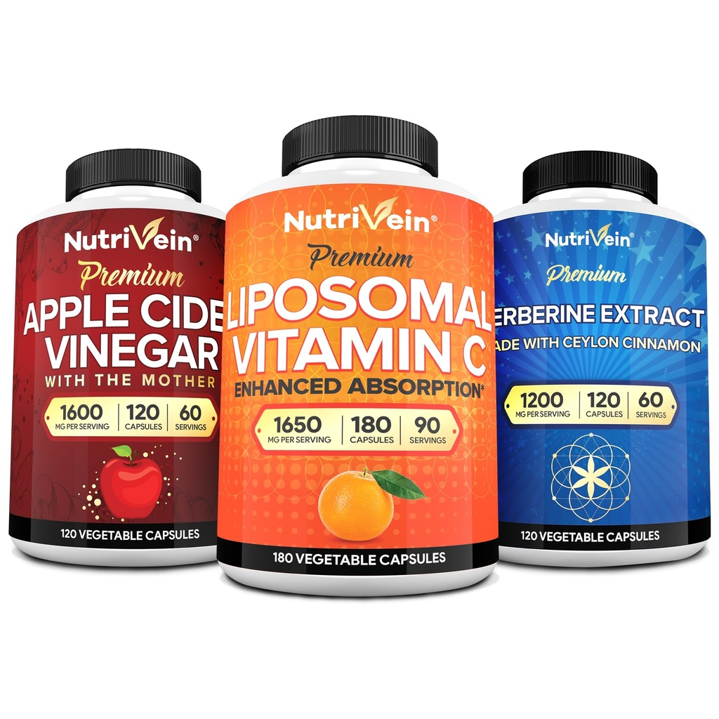 Nutrivein Premium Berberine, Apple Cider Vinegar, & Liposomal Vitamin C 补编 Bundle:高吸附维生素 C 卡普尔, ACV Capsules, & Berberine 健康与豁免补编
