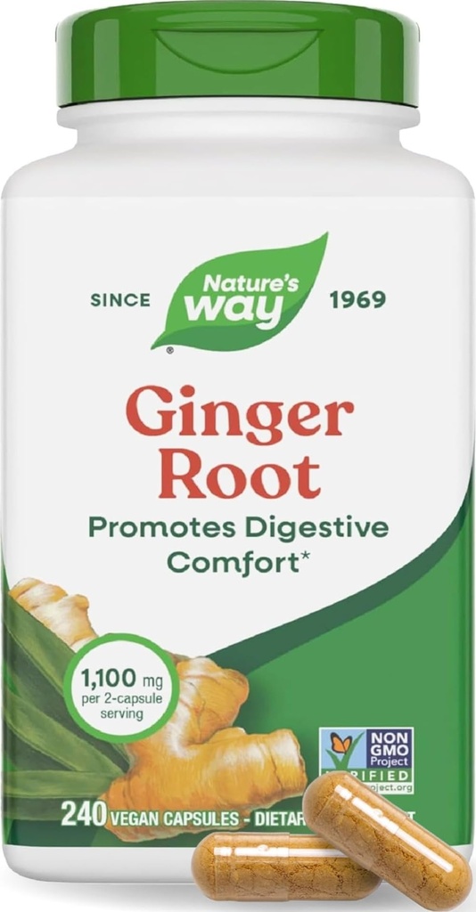 Nature's Way Ginger Root Capsules 550 mg每只胶囊,消化性舒适性* 减少运动相关纳赛尔*,每2只Capsules 1,100 mg,非GMO项目验证,Vegan,240 counter(包装May Vary)