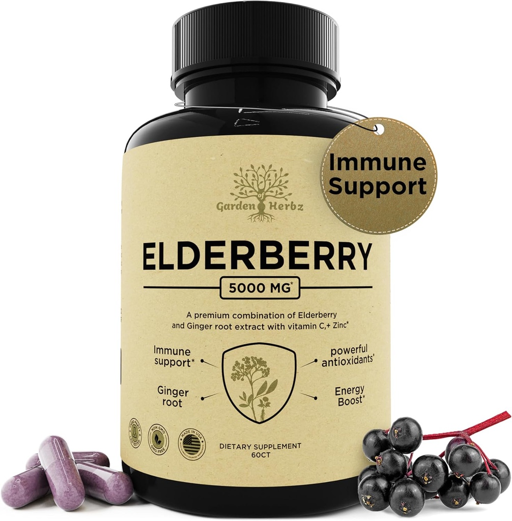 配有维生素C,锌,和姜的长老莓 — Potent Immune Booster 5000 Mg Elderberry,锌,和维生素C — 非GMO 成人维生素豁免,帮助你感受活力,60 Caps.