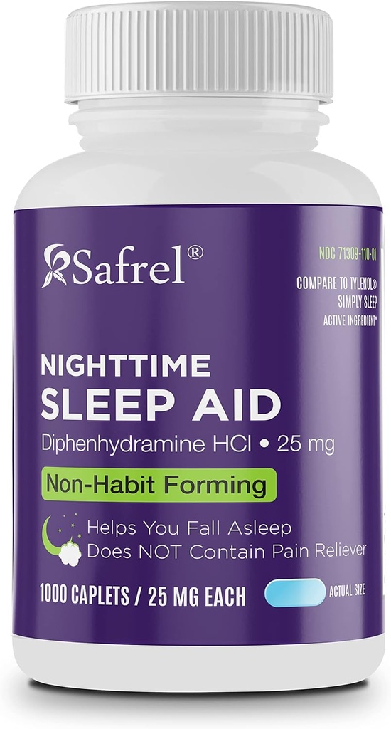 Safrel 夜间睡眠援助, 二苯胺 HCl 25mg – 强非吸食型休息支持 – 男人和女人 → Fall Asleep faster & Wake up 刷新 (1000 counter (Pack of 1), 1000, count)