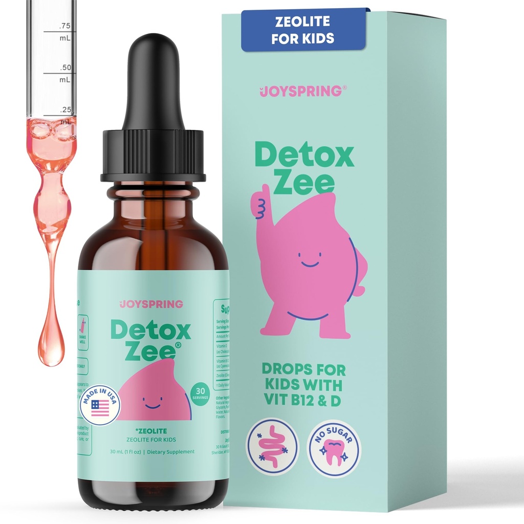 JoySpring DetoxZee Zeolite 儿童滴水 – 配有维生素D3和Cyanocobalamin 维生素B12的Clinoptilote – 天然贝利火焰液体 → 30 服务